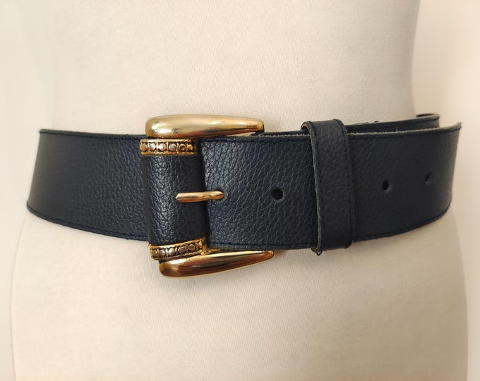 80's Vintage Navy Blue Leather Belt With Golden Buckle Made in France