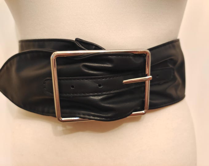 Extra Wide Black Faux Leather Belt With Silver Metal Buckle