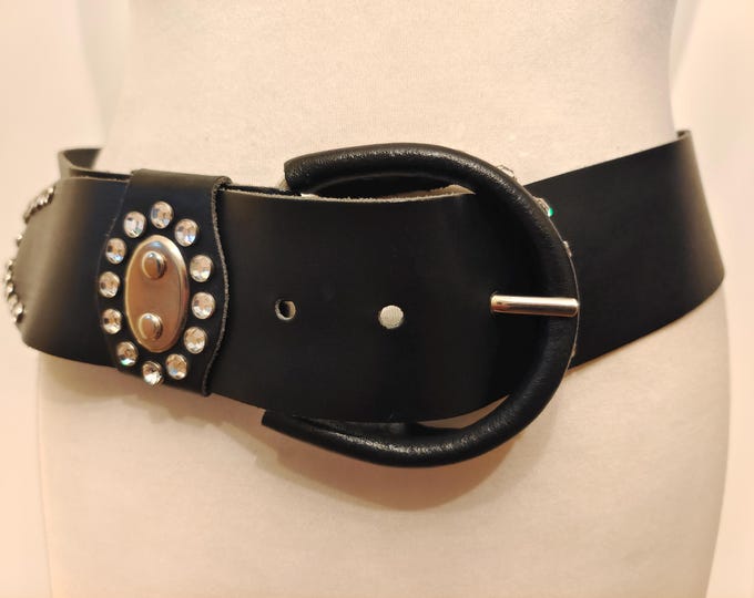 90's Vintage Wide Black Real Leather Belt With Gems Buckle