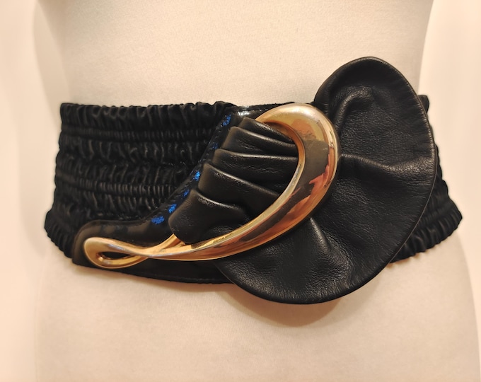 80's Vintage Elastic & Leather Wide Black Belt by Fiochci Made in Italy