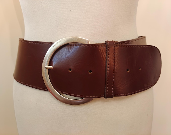 Wide Brown Real Leather Belt With Big Silver Buckle by Tom Tailor Made in Germany