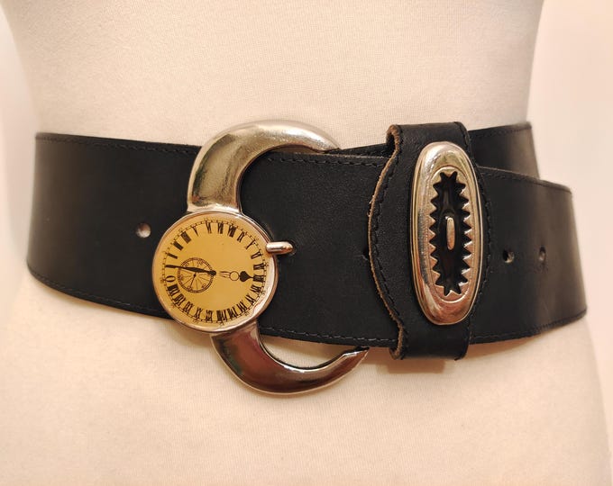 90's Vintage Wide Black Real Leather Belt With Silver Metal Buckle