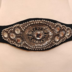 90&#39;s Vintage Fabric Black Belt With Gems Buckle