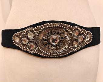 90's Vintage Fabric Black Belt With Gems Buckle