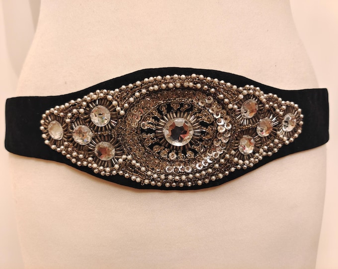 90's Vintage Fabric Black Belt With Gems Buckle