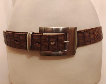 90's Vintage Brown Real Leather Crocodile Skin Pattern Belt With Big Silver Buckle