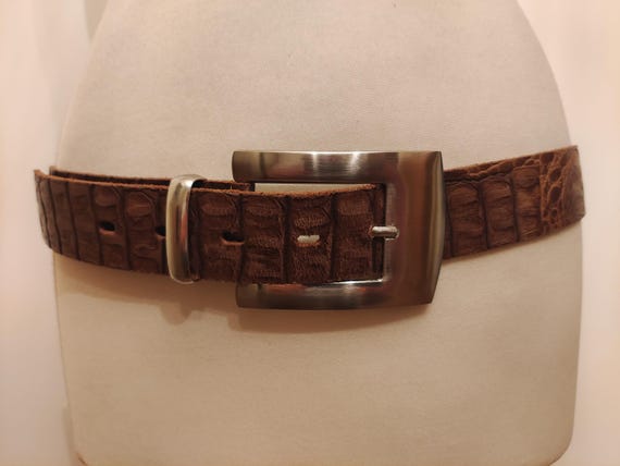 Vintage Brown Crocodile Leather Belt with Silver Buckle Vintage Alligator Leather Belt, Engraved Silver Buckle (size  main image 3