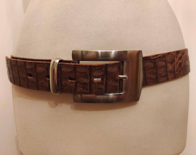 90's Vintage Brown Real Leather Crocodile Skin Pattern Belt With Big Silver Buckle