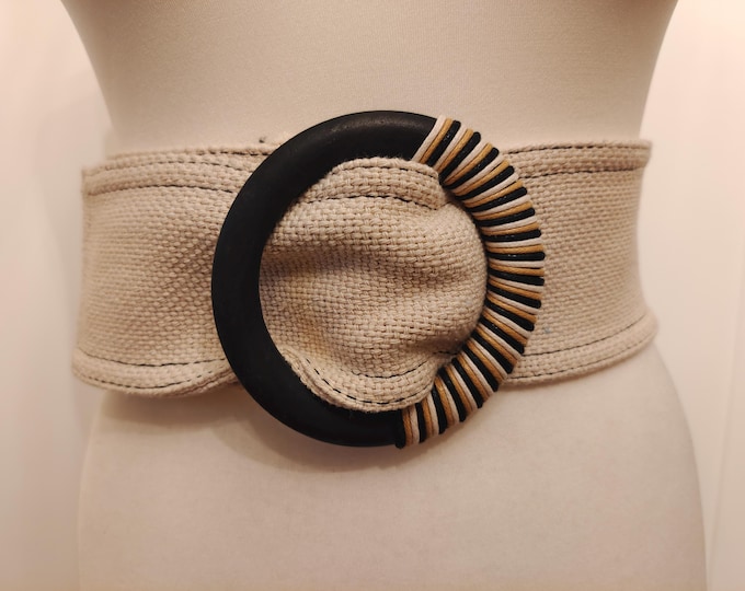 Extra Wide Vegan Beige Adjustable Belt With Round Buckle