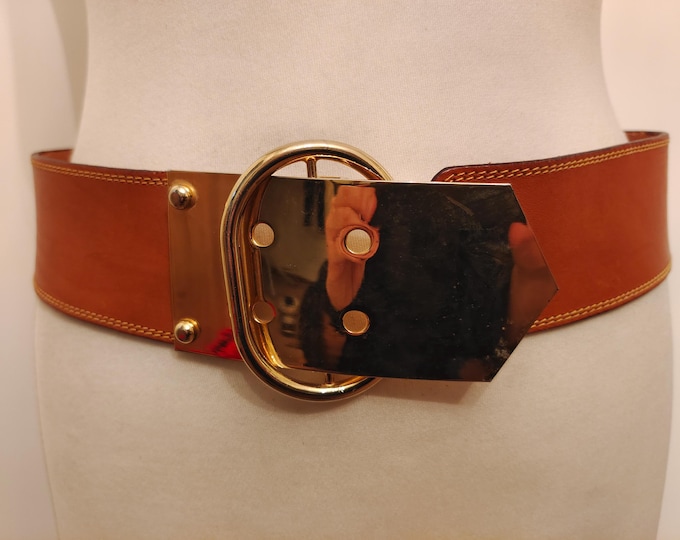 Wide Brown Real Leather Vintage 80's Belt With Heavy Golden Buckle Made in Italy