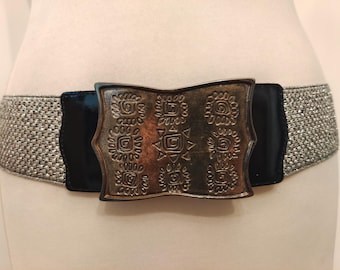 80's Vintage Wide Silver Fabric Elastic Belt With Metal Buckle Made in France