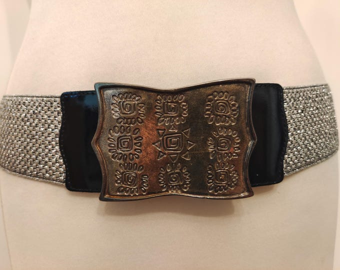 80's Vintage Wide Silver Fabric Elastic Belt With Metal Buckle Made in France