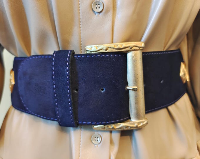 90's Vintage Blue Real Leather Belt With Golden Metal Buckle Made in Italy
