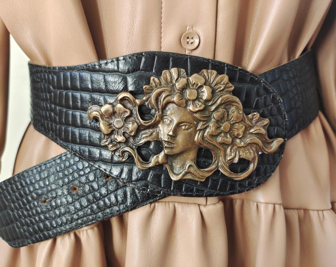 80's Vintage Black Real Leather Belt With Big Metal Buckle