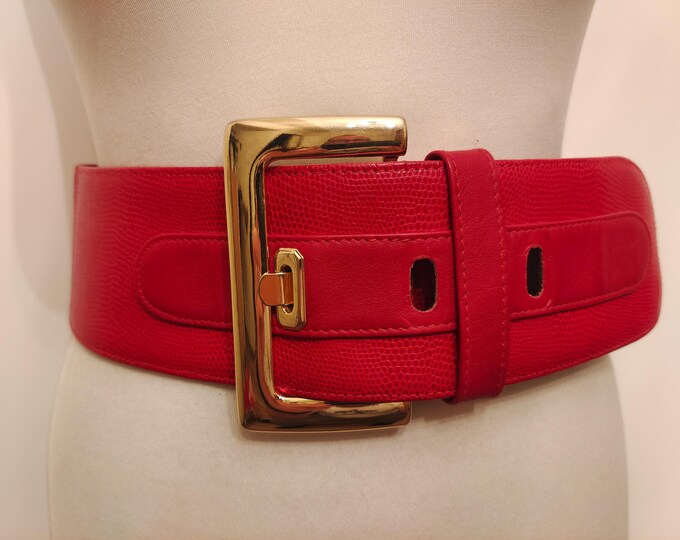 Wide Red Real Leather 80's Vintage Belt With Big Golden Buckle