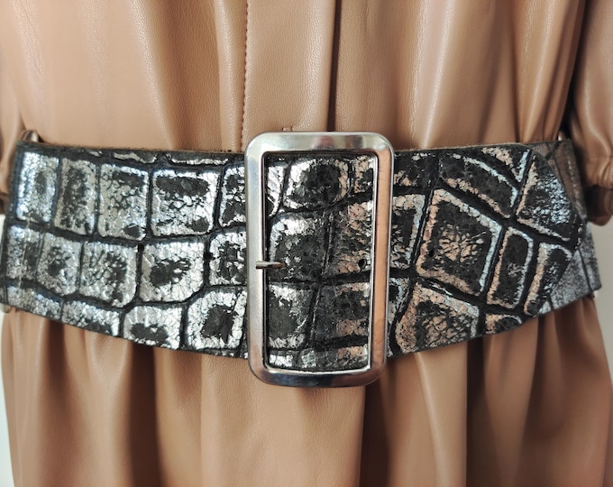 Wide Silver Black Real Leather Belt by Apart