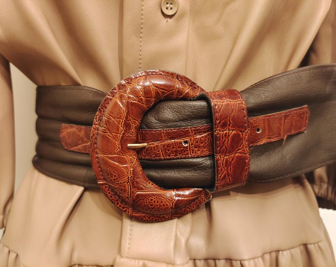 90's Vintage Wide Brown Real Leather Belt
