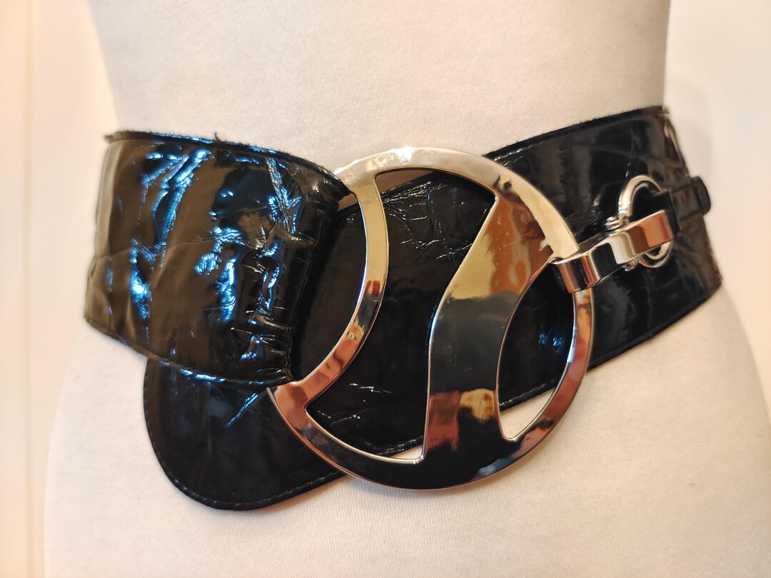 Wide Black Faux Leather Patent Belt With Big Silver Metal 