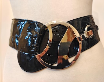 Wide Black Faux Leather Patent Belt With Big Silver Metal Buckle by Robako Ceintures