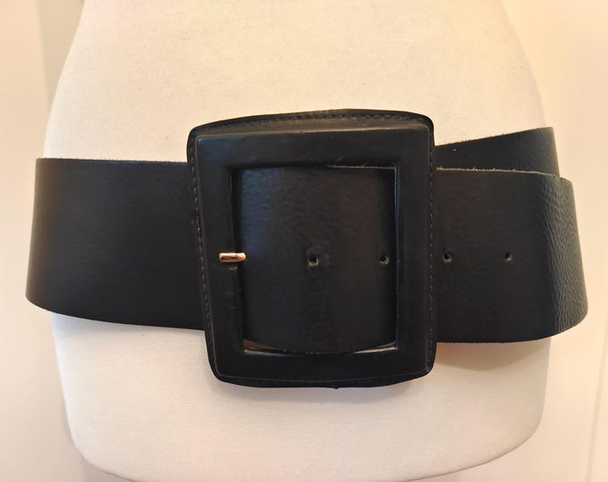 Wide Black Real Leather Belt With Big Buckle by M&M