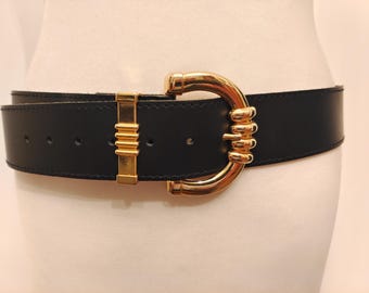 90's Vintage Black Real Leather Belt With Golden Metal Buckle