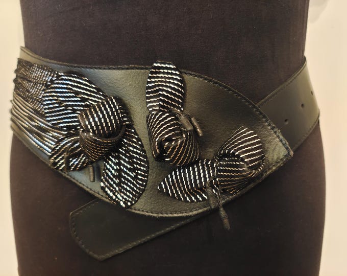 80's Vintage Wide Black Real Leather Belt