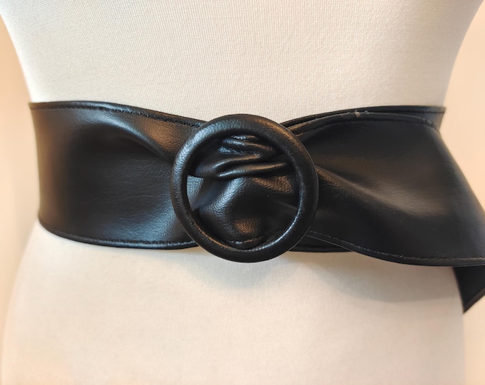 80's Vintage Wide Black Faux Leather Adjustable Belt by Astor