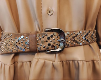 90s Calvin Klein Studded Brown Leather Belt: Silver Tone  display picture 1