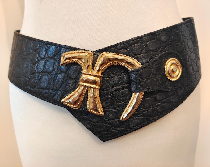 80's Vintage Wide Black Real Leather Belt With Golden Buckle