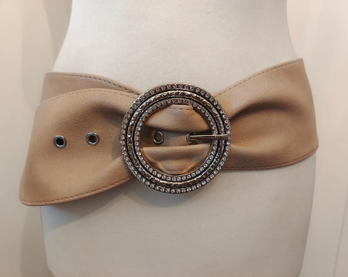 Extra Wide Beige Faux Leather Belt With Silver Gems Buckle