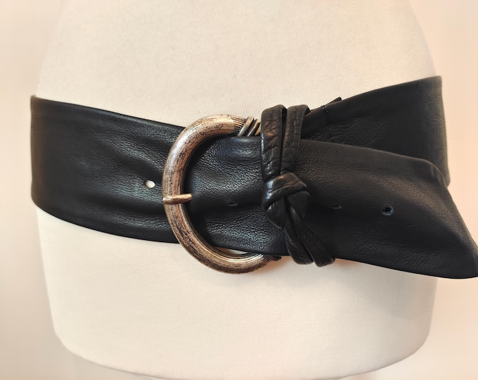 90's Vintage Wide Black Real Leather Belt With Old Silver Buckle