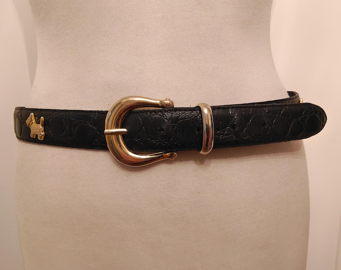 90's Vintage Black Real Leather Belt With Golden Metal Elements