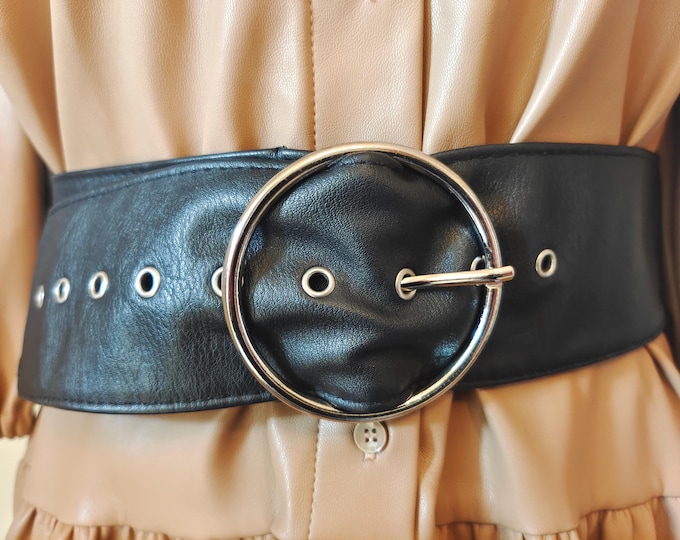 Wide Black Faux Leather Belt With Silver Metal Buckle