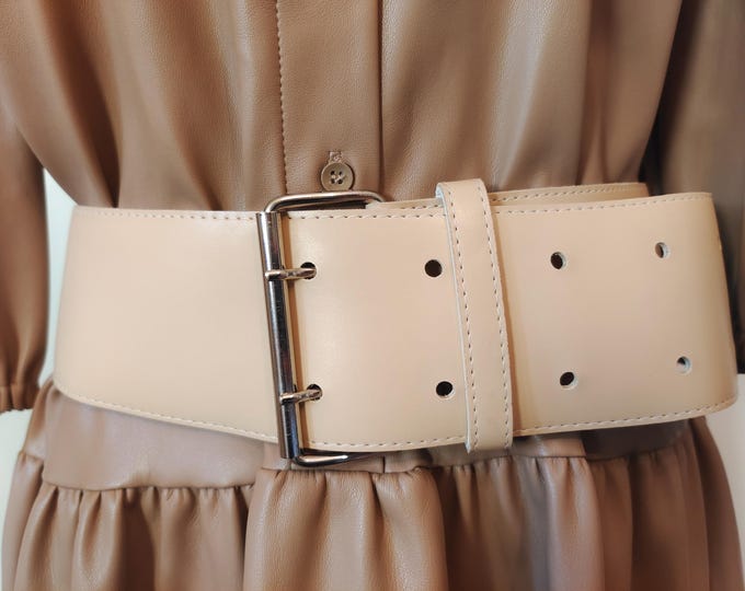 90's Vintage Wide Beige Faux Leather Double Prong Belt