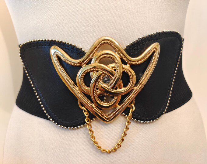 80's Vintage Wide Black Elastic Adjustable Belt With Golden Metal Buckle Made in France