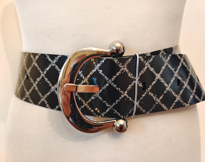80's Vintage Wide Black Vinyl Belt With Silver Metal Buckle