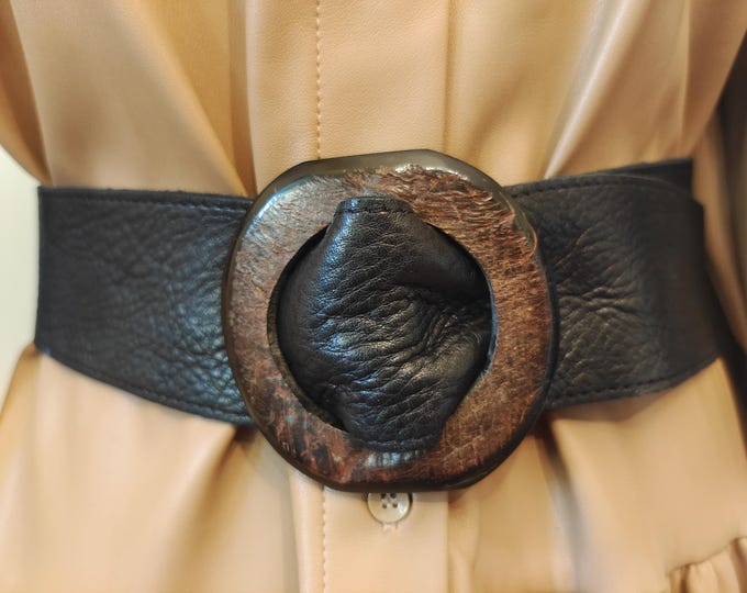 Wide Black Real Leather Adjustable Belt With Wooden Buckle