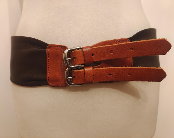 Extra Wide Brown Real Leather Belt With Double Buckle by Mango