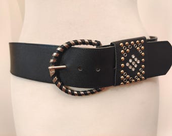 Vintage Berghoff Asymmetric Italian Leather Belt - Black Size 28 Vintage Extra Wide Black Asymmetrical Leather Belt, 31,5-33  main image 2