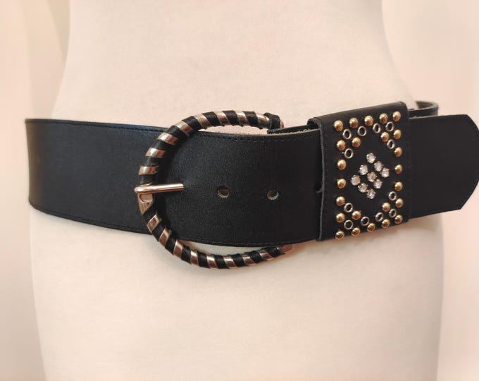 80's Vintage Wide Black Real Leather Belt