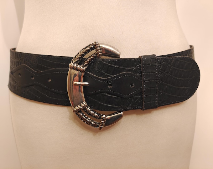 80's Vintage Black Real Leather Wide Belt With Big Silver Buckle
