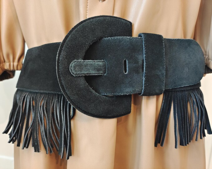 Wide Black Real Suede Fringe Belt