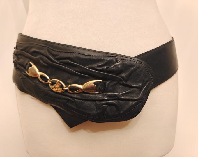 80's Vintage Wide Black Belt With Golden Chains