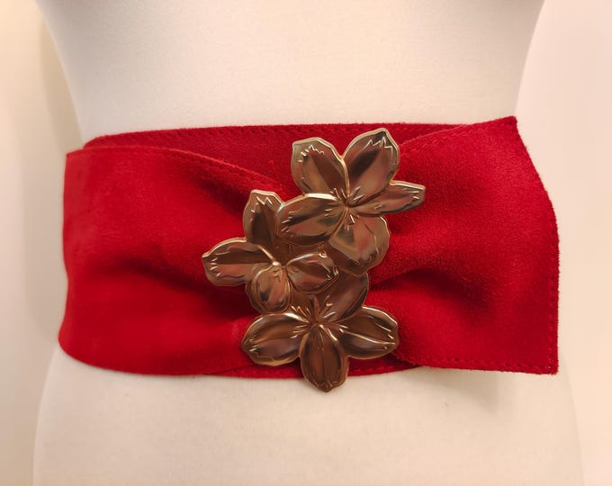 Extra Wide Red Real Suede Leather Belt With Golden Buckle