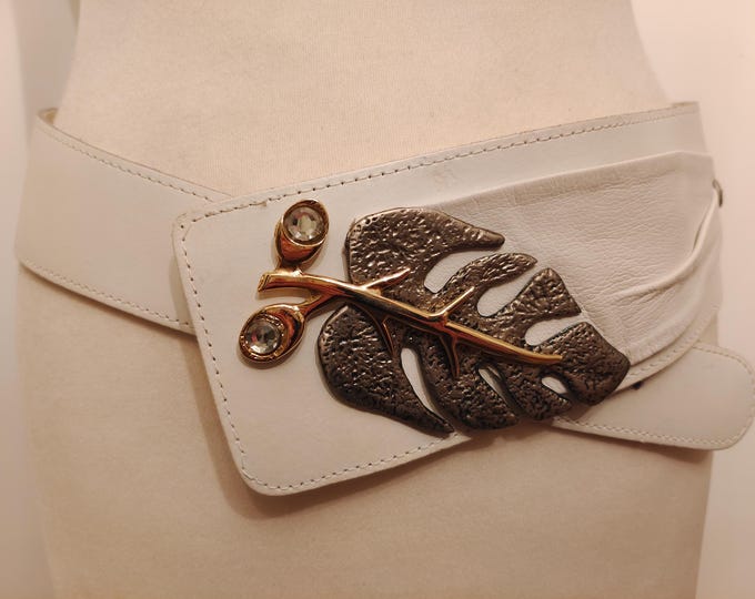 90's Vintage Wide White Real Leather Belt With Metal Leaf Buckle