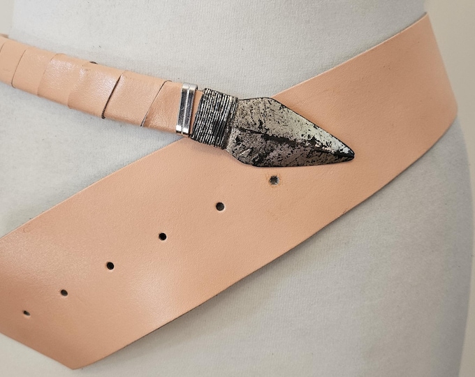 80's Vintage Wide Real Leather Salmon Pink Belt With Silver Metal Buckle