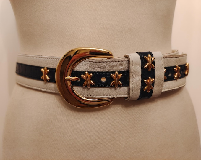 80's Vintage Real Leather White & Navy Blue Belt With Golden Metal Elements