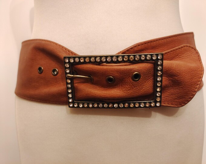 Extra Wide Brown Real Leather Belt With Gems Buckle