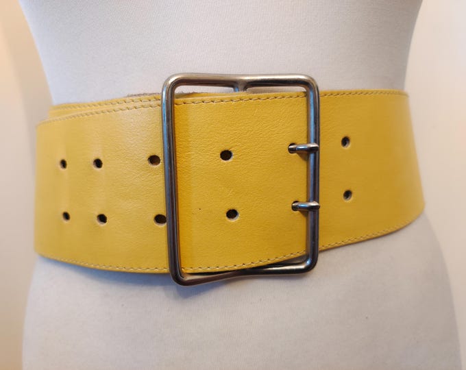 90's Vintage Wide Yellow Real Leather Belt