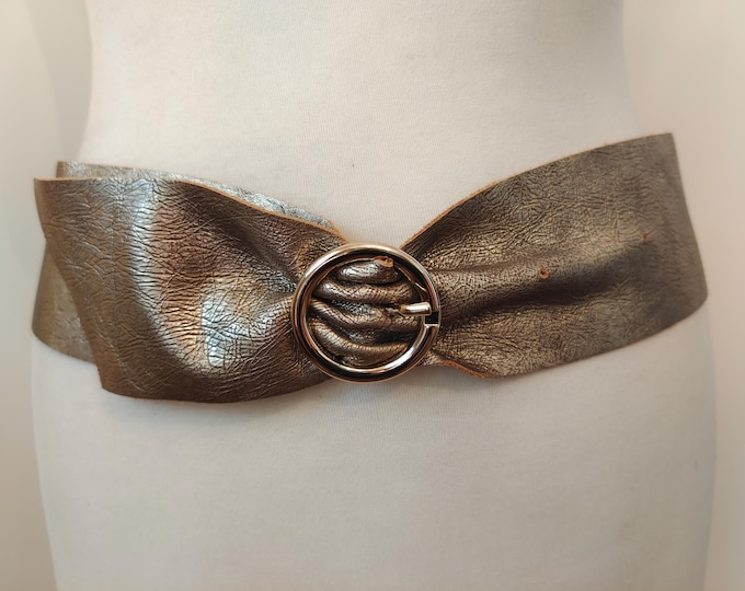 Wide Golden Real Leather Belt With Small Ring Buckle